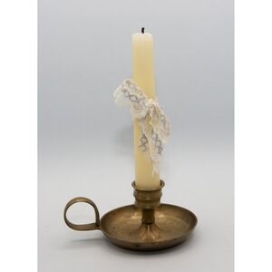 Vintage Solid Brass Chamberstick Candle Holder with Finger Loop and Taper Candle